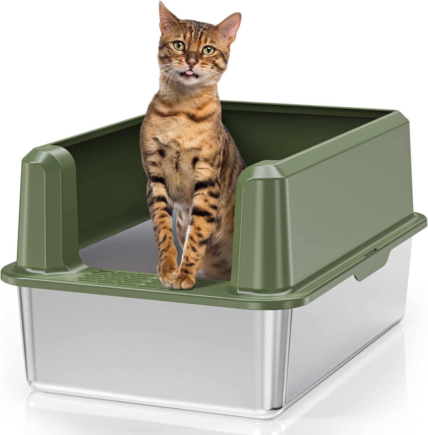 LUCKY-D Enclosed Stainless Steel Cat Litter Box with High Side, XL Large Litter Box for Big Cats, Easy Clean Metal Kitty Litter Box with Scoop (Green, X-Large)
