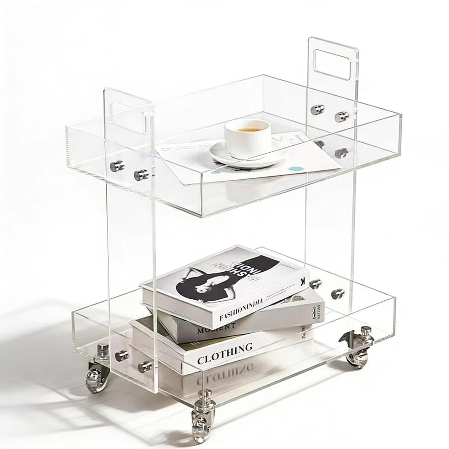 GETCK Clear Acrylic 2-Tier Rolling Cart – Modern Side Table with Wheels, Multi-Functional Storage Cart for Living Room & Bathroom, Mobile End Table or