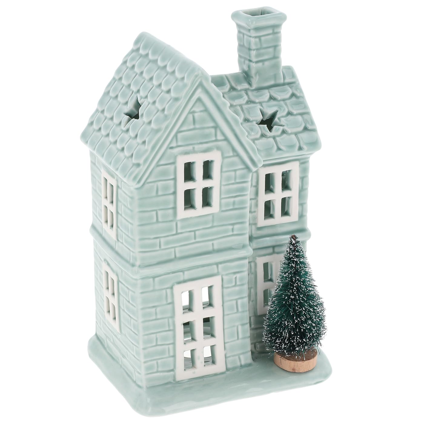 Shudehill Giftware Festive Sage Blue Green Tealight Holder House With Star Roof and Christmas Tree Decoration - Medium or Large Sizes (Star Large)