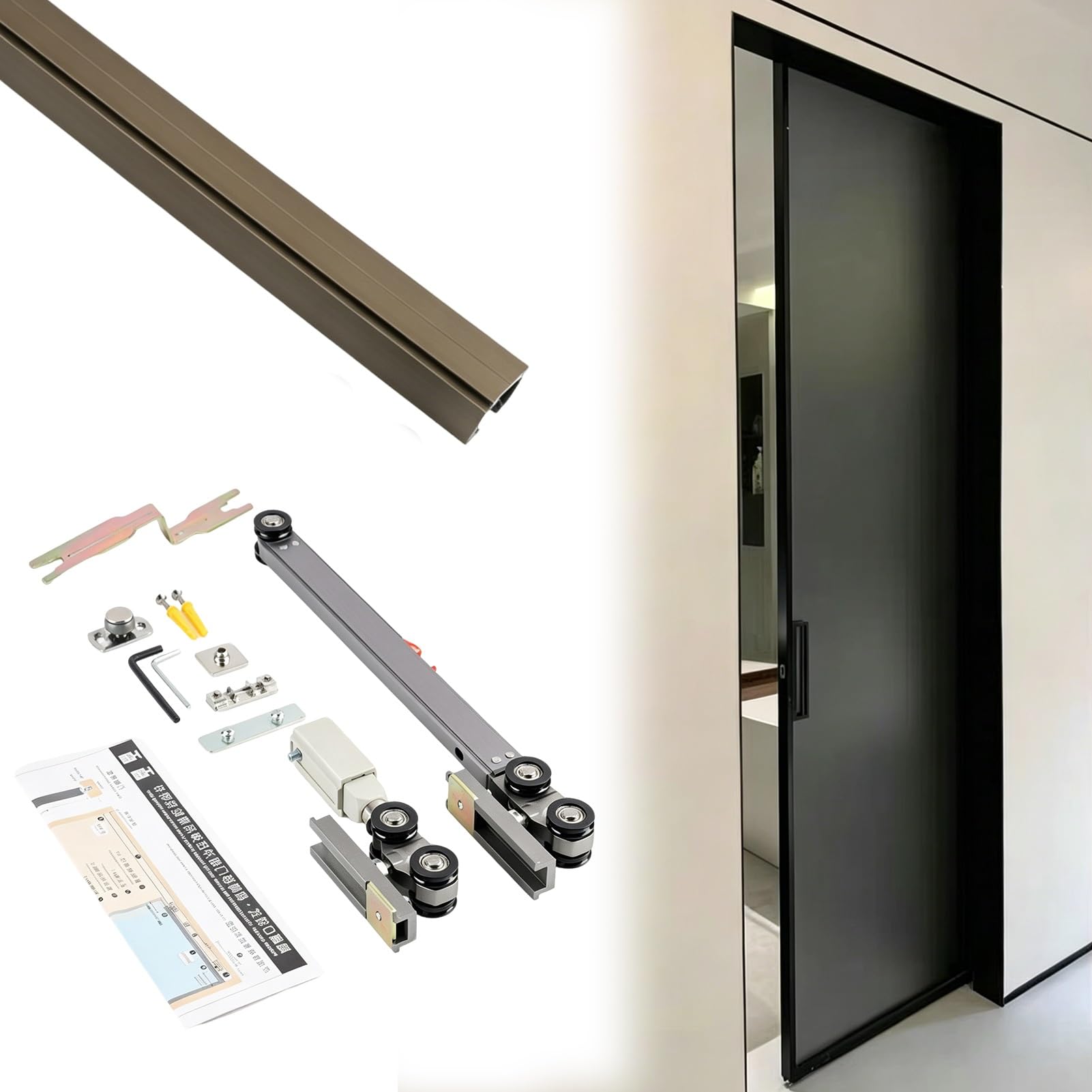 Silent Soft-Press Sliding Door Track Hardware, Push Open Pocket Door Rail Set for Bedroom, Modern Invisible Glass Bypass Door Track System(Bronze,10.2ft/3.1m)