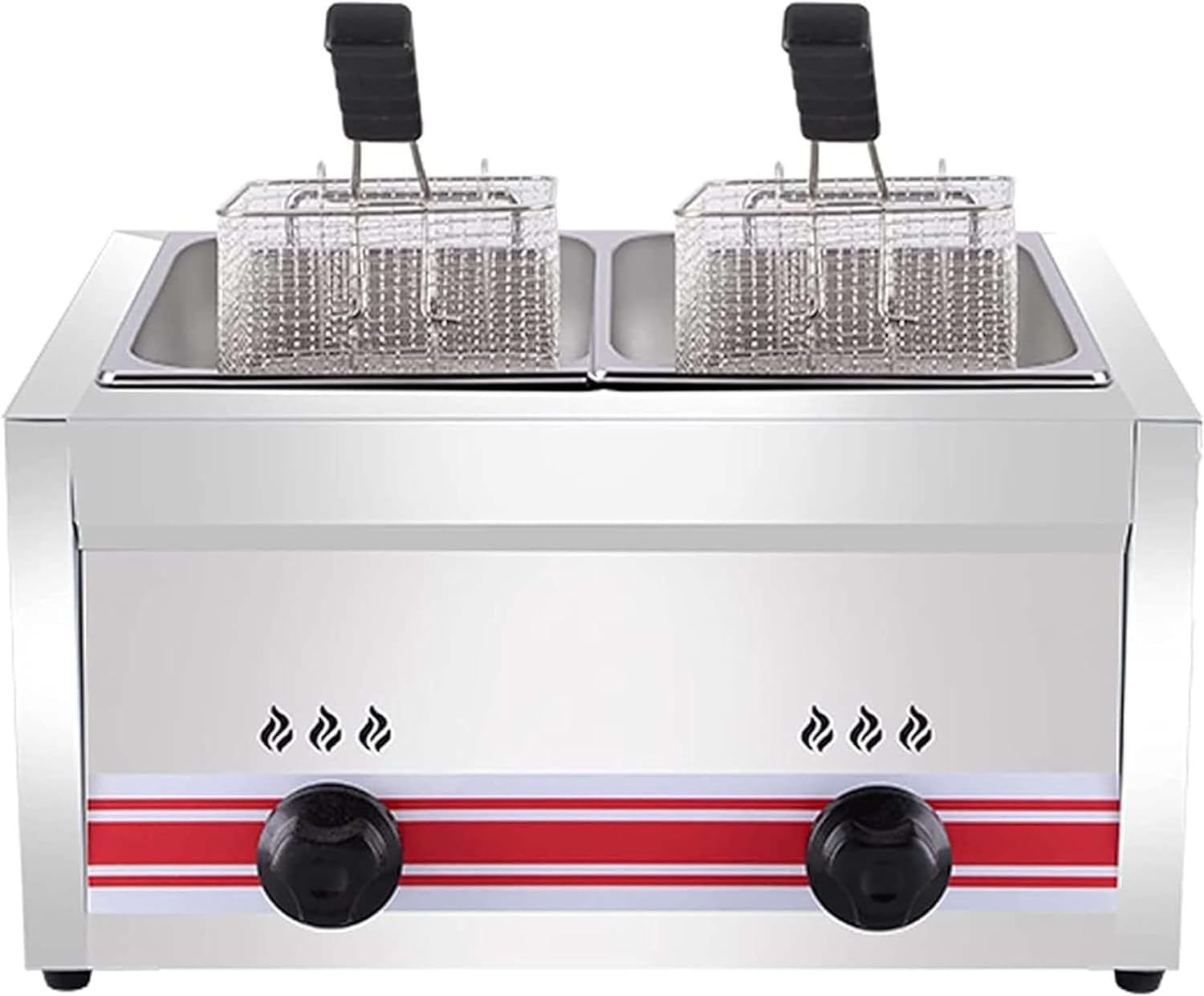 Friggitrice a Gas Grande Capacità 10L/20L/30L,Friggitrice in Acciaio Inossidabile,Potenza Fuoco Regolabile, Con Cestelli E Coperchi,Per Patatine Ciambelle Pesce (Doublecylinder10l+10l)