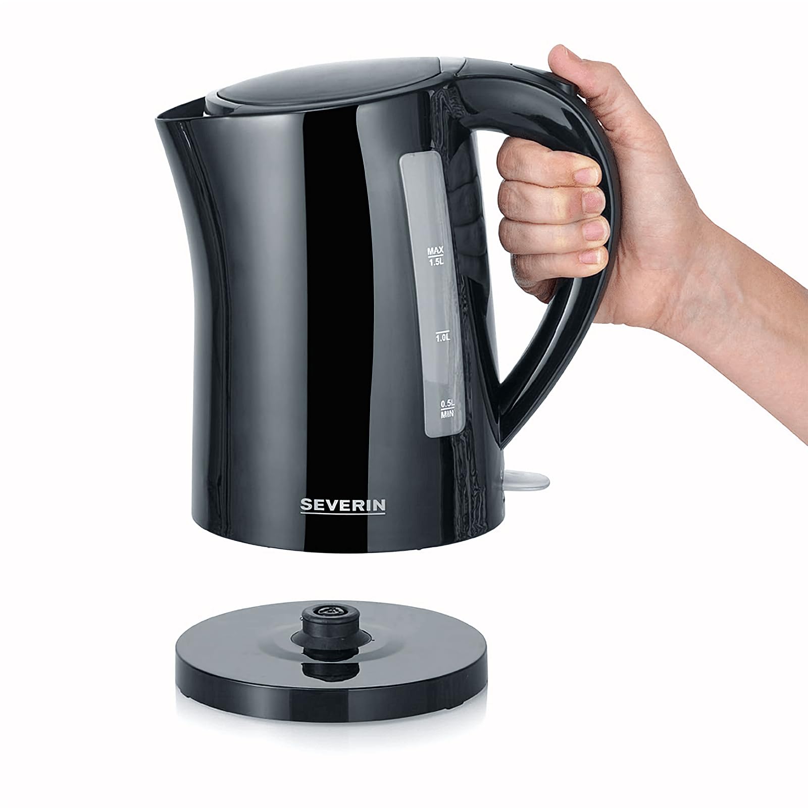SEVERIN WK 3498 Bollitore per acqua 2200 W in plastica e metallo, Teiera elettrica con capacità di 1,5 litri, Bollitore acqua elettrico con indicatore del livello dell'acqua, Nero