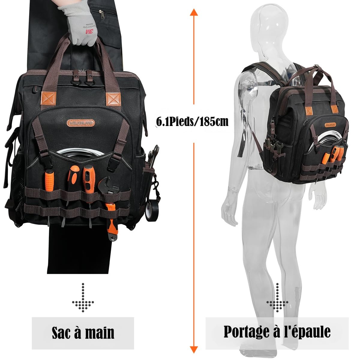 WELKINLAND Sac à dos d’outils HAVC en toile cirée à 88 poches, sac à dos d’outils pour électricien robuste, sac à dos d’outil pour technicien à ouverture supérieure, sac à dos d’outils pour la