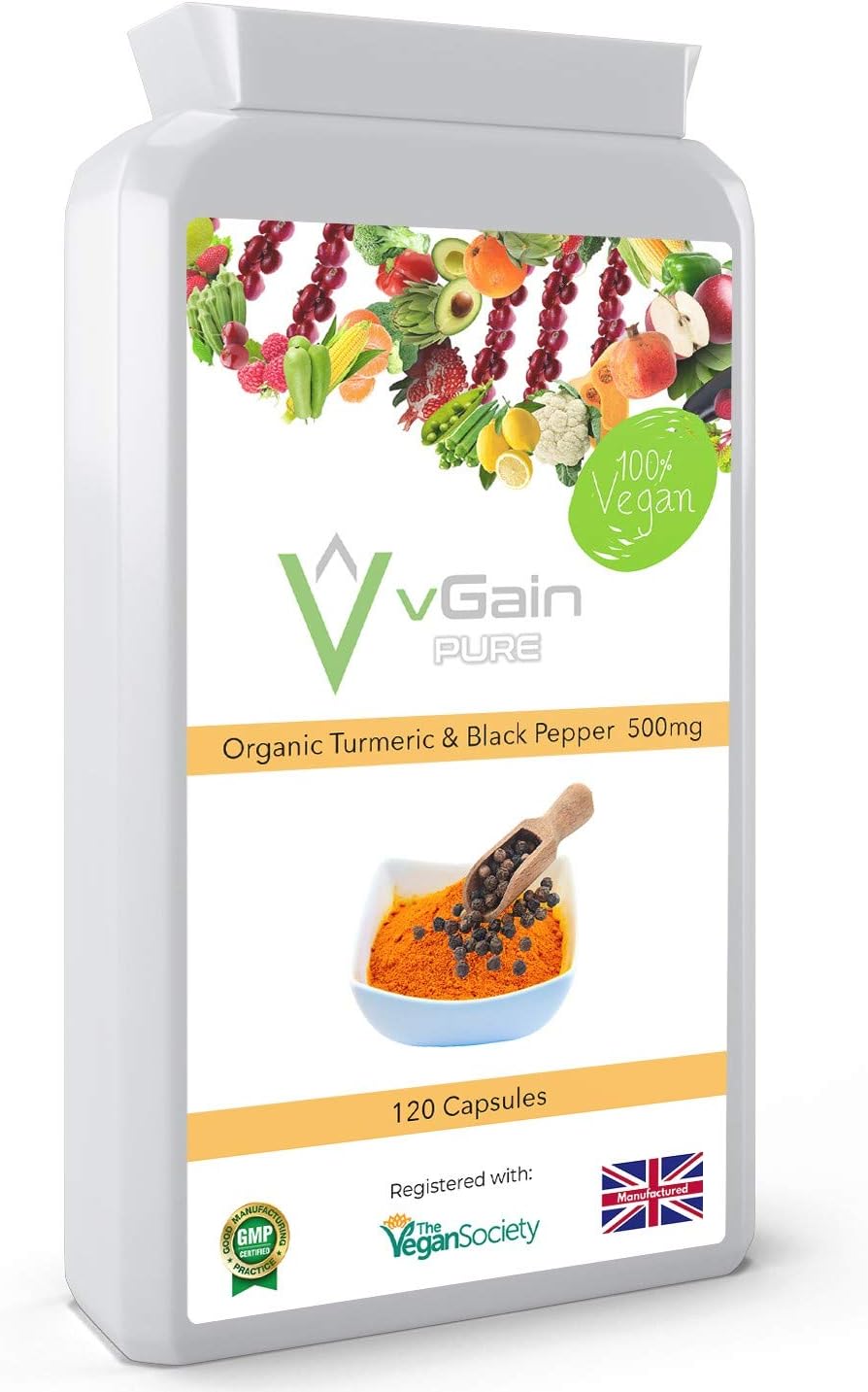 High Strength Turmeric 1500mg with Black Pepper Capsules with Active Curcumin Curcuminoids Extract per Serving by vGain PURE - Certified Vegan by The Vegan Society - Joint Support for Men & Women