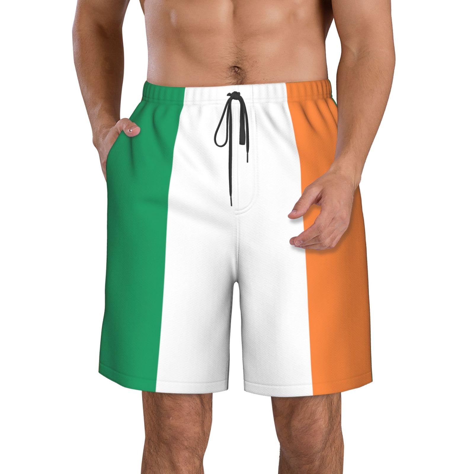 Men's Classic Irish Flag Swim Trunks Mens Casual Shorts Board Shorts with Pockets Beach Shorts for Men, White, L