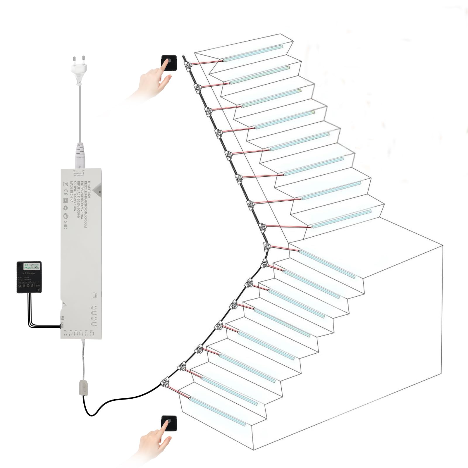 LED Treppenstufenbeleuchtung mit 2 Funkfernschalter, 16 Stufen 80cm Silikon-Profil Lichtstreifen 3000K Warmweiß Dimmbar Treppenlicht Komplettset für Innentreppen