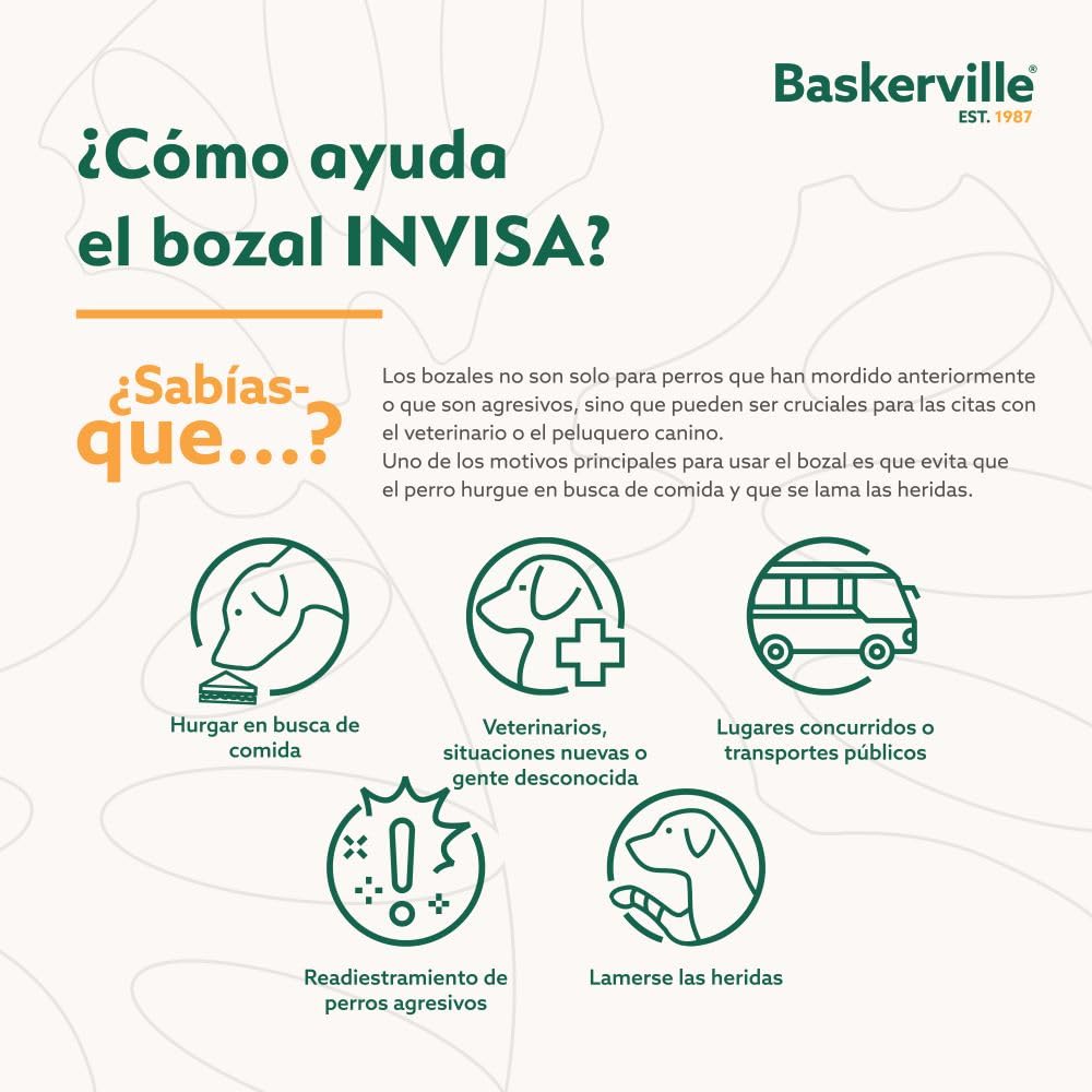 BOZAL BASKERVILLE INVISA - Diseño respetuoso patentado y seguro. Permite jadear y beber, ajustable y acolchado, adiestramiento para perros pequeños, impide morder y hurgar comida (Talla 1)