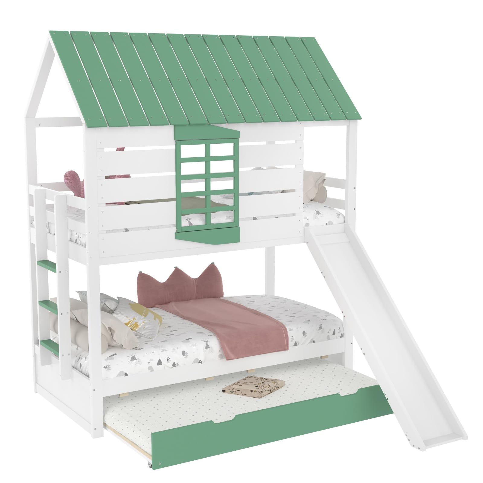 Sweiko Lit Superposé Enfant 90x200 cm avec Lit Gigogne et Toboggan, Blanc