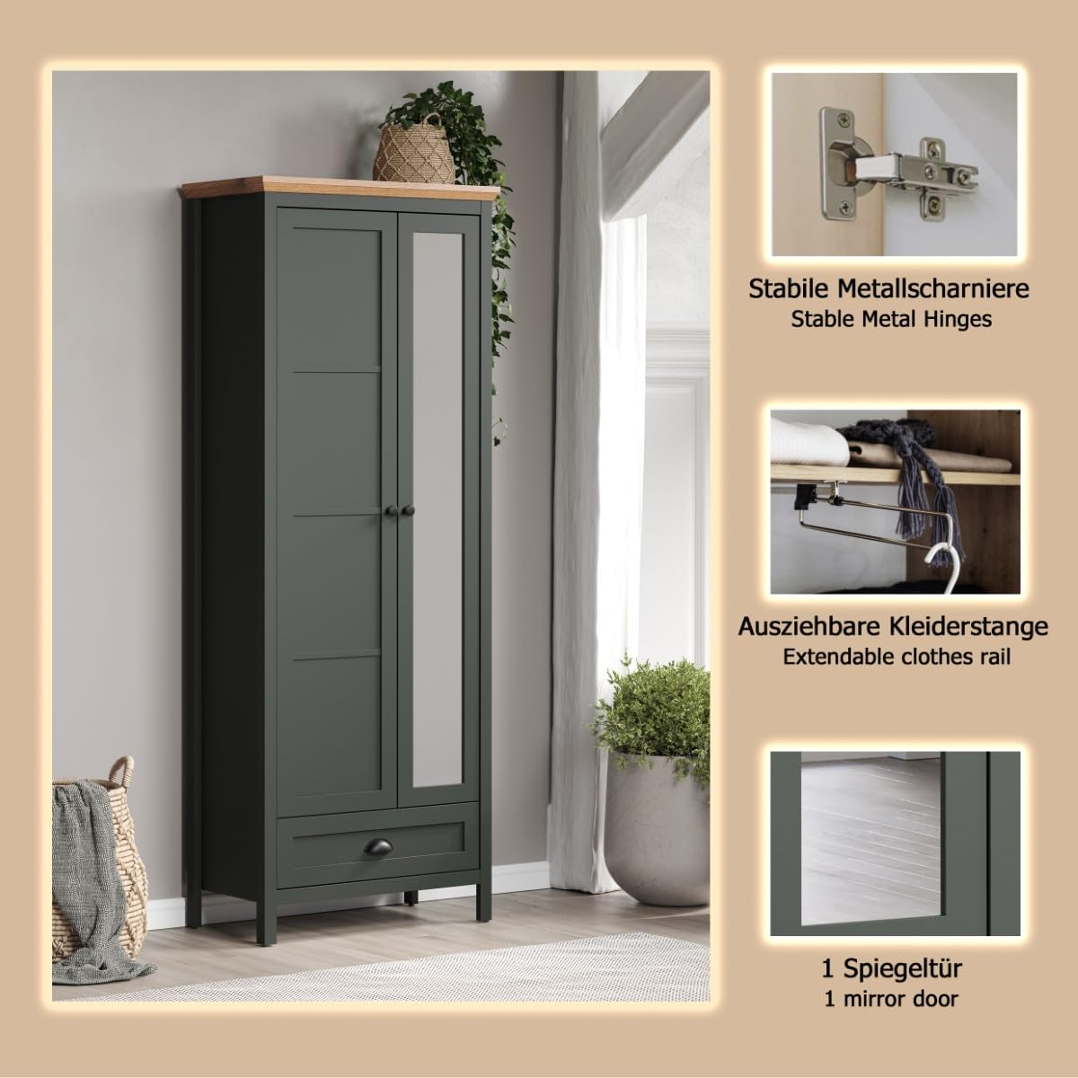 trendteam smart living - Stanton - Garderobenschrank - Tannengrün/Evoke Eiche - Flurschrank mit auziehbarer Kleiderstange - (BxHxT) 77 x 198 x 39 cm - Landhausstil