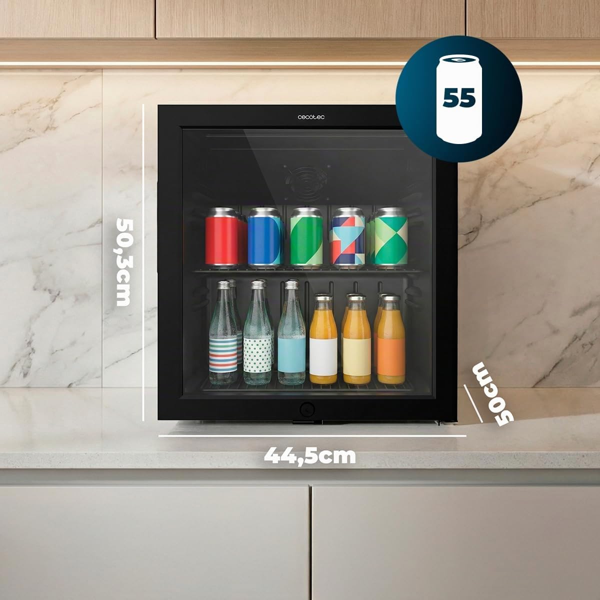 Cecotec Mini Réfrigérateur avec Porte en Verre Bolero CoolMarket BC 52 Black, 52 Litres de Capacité, 44,5 cm de Largeur, 50,3 de Hauteur, Éclairage LED Intérieur, Température 0ºC à 10ºC