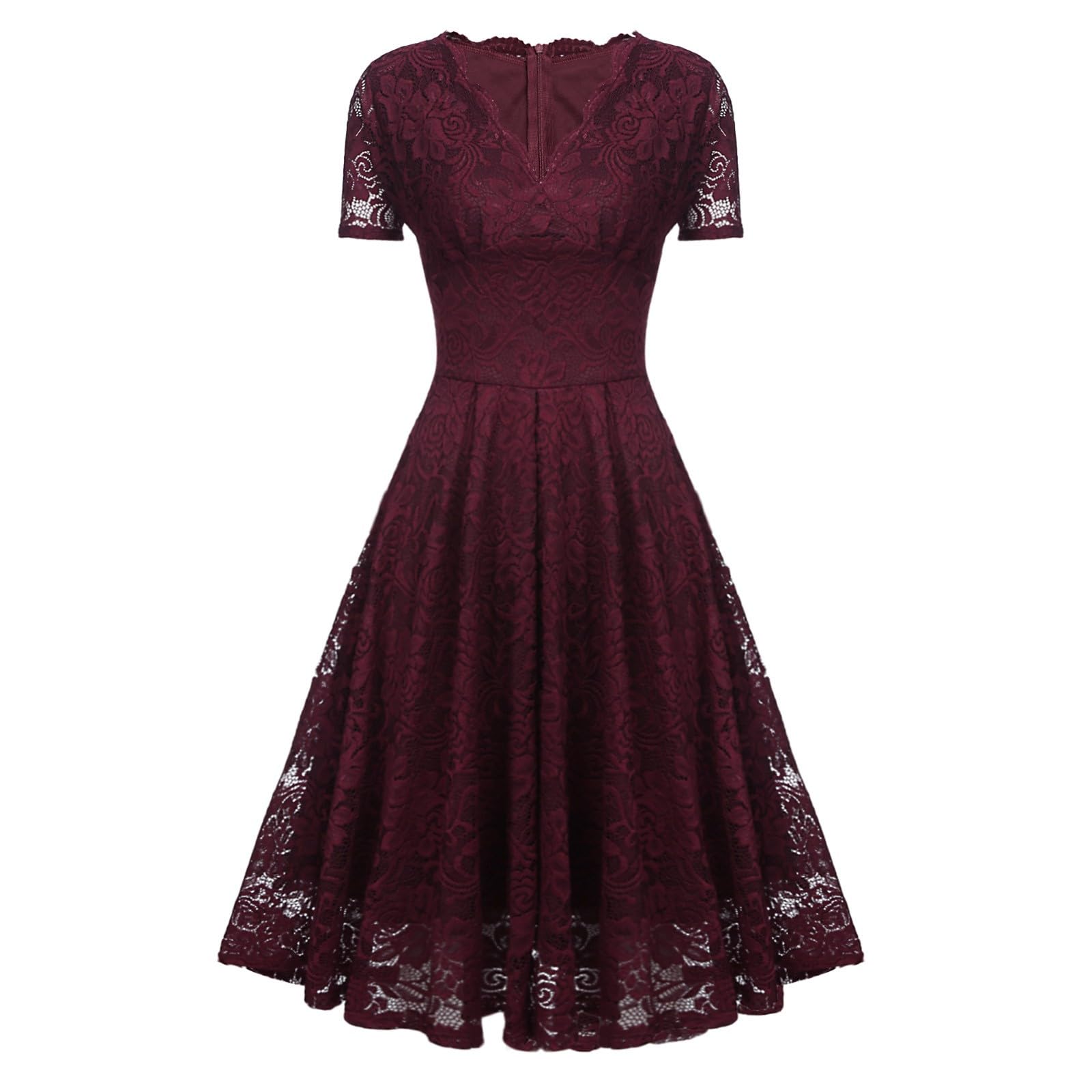 Kleid Hochzeitsgast Damen Spitze Abendkleider Elegant Hochzeit Knielang Vokuhila Kleid V Ausschnitt Bestickt Cocktailkleid Midi A Linie Brautjungfernkleider Festlich Partykleid Frauen Kurzarm
