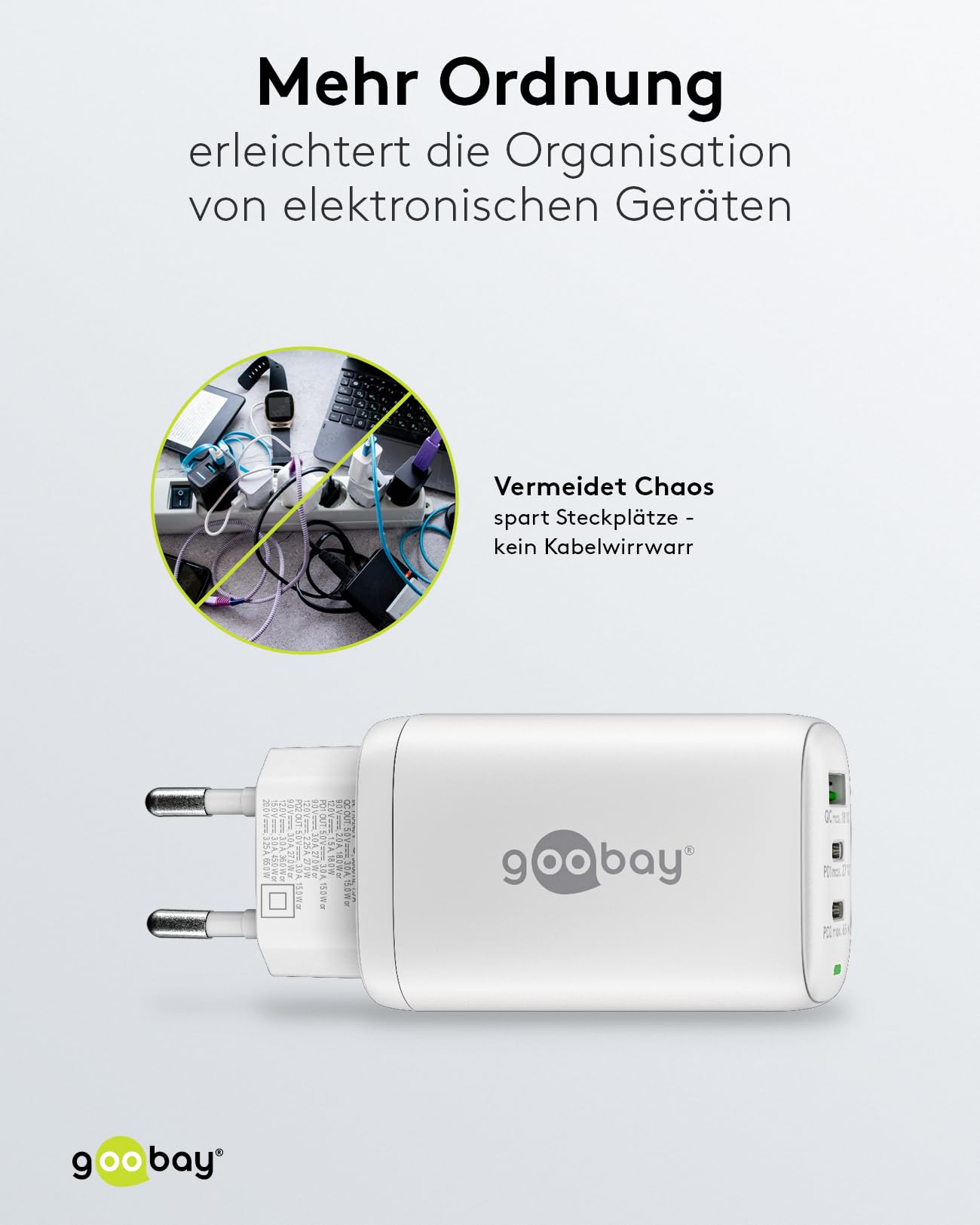 Goobay 65408 Chargeur USB C Alimentation 65W Power Delivery PD Chargeur Rapide/iPhone/Android/USB-C & USB-A 3 Ports Mini Adaptateur pour Prise de Courant/Blanc
