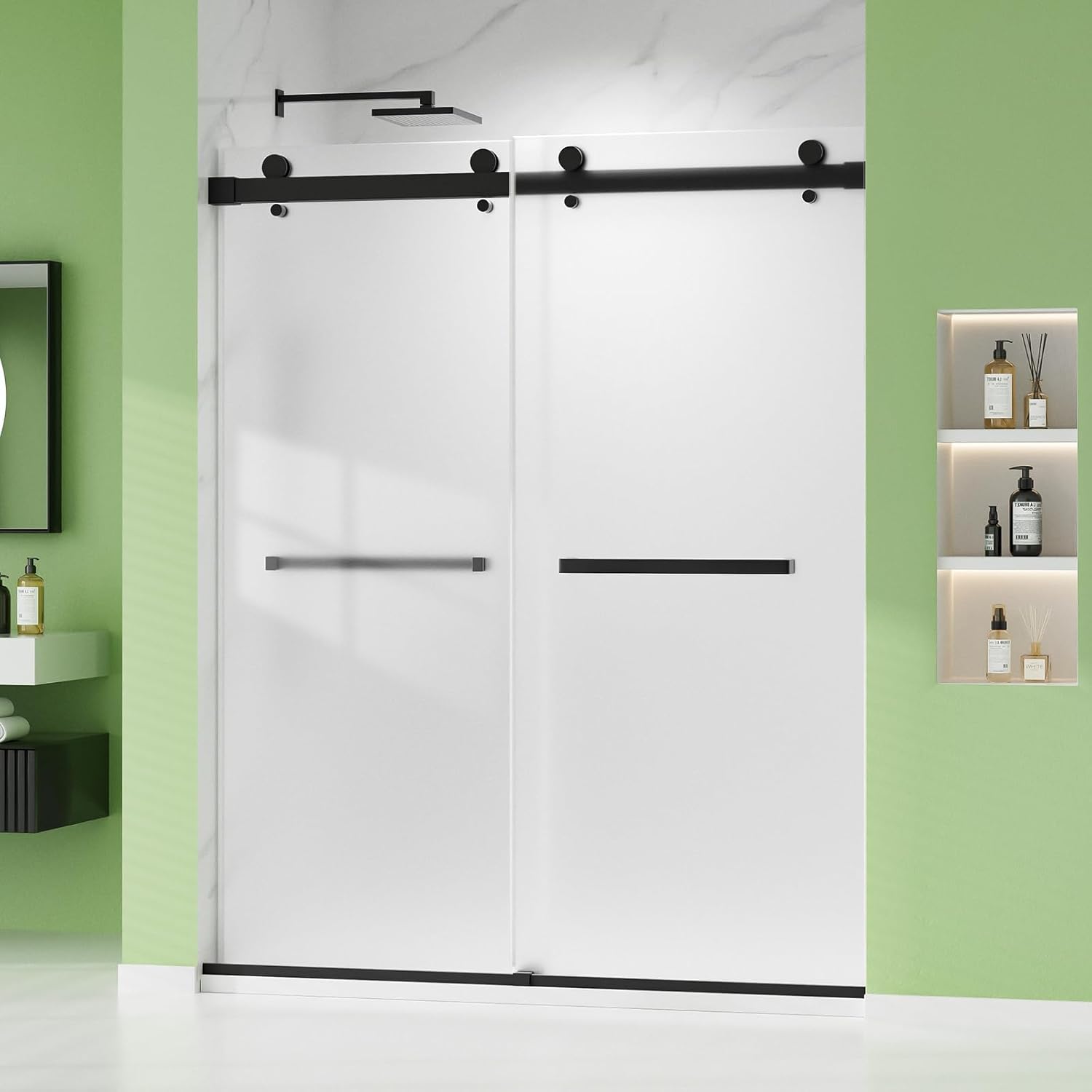 Shower Door 60" W x 76" H Double Sliding Door Frosted Shower Door with 3/8" (10mm) SGCC Ultra-Clear Glass, Brushed Nickel