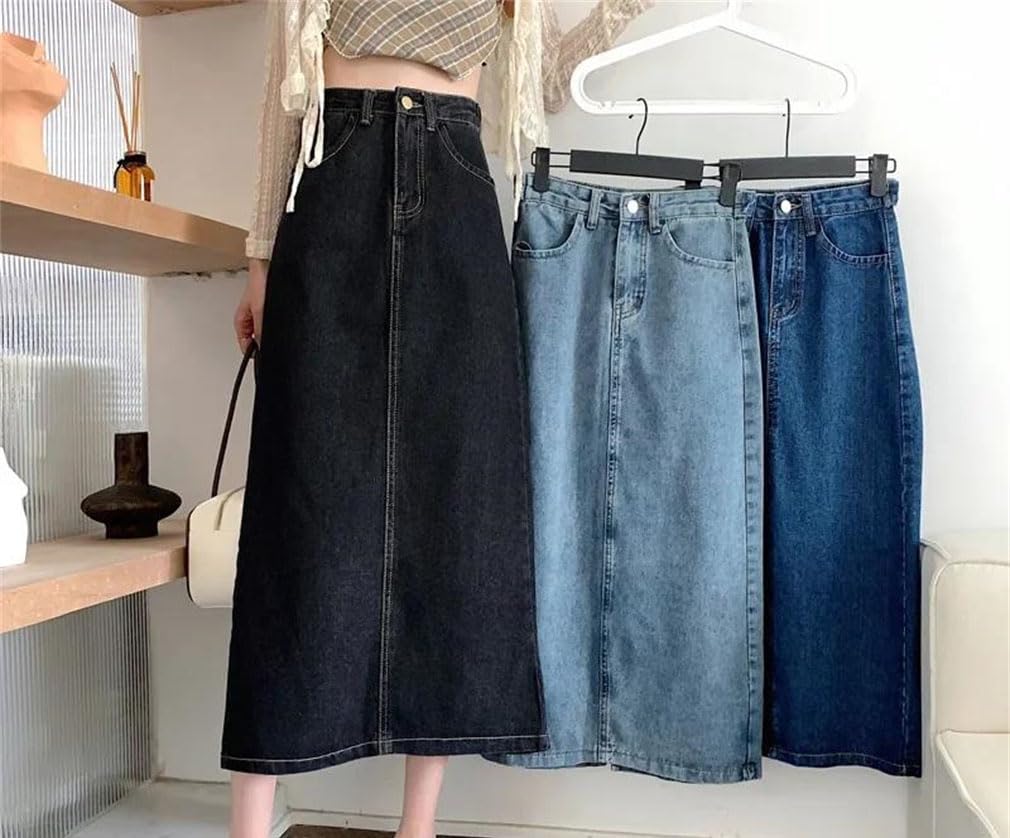 Jupe en jean mi-longue pour femme taille haute amincissante A-Line