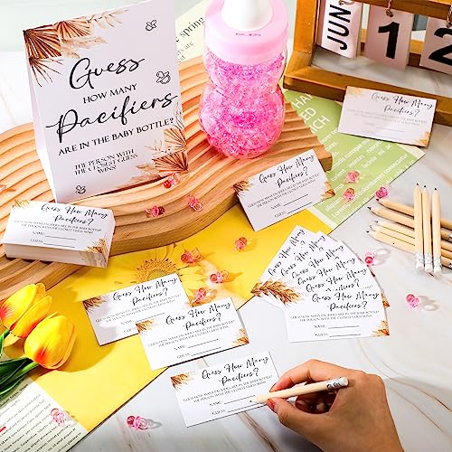 Image of Roowest 512 Pcs Baby Shower Games Guess How Many Pacifiers Sign 100 Small Guessing Games 10 HB Pencils 750ml Milk Bottle 400 Acrylic Pacifiers Decoration for Guest Gender Reveal(Pink,Boho)