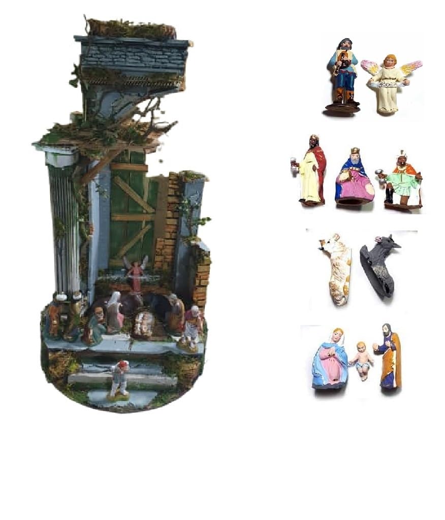Tempo Weihnachtskrippe komplett Durchmesser 30 cm Höhe 60 cm Holz und Kork mit oder ohne 11 Schäfte 10 cm Terrakotta oder Kunststoff, geeignet für Glasglocke