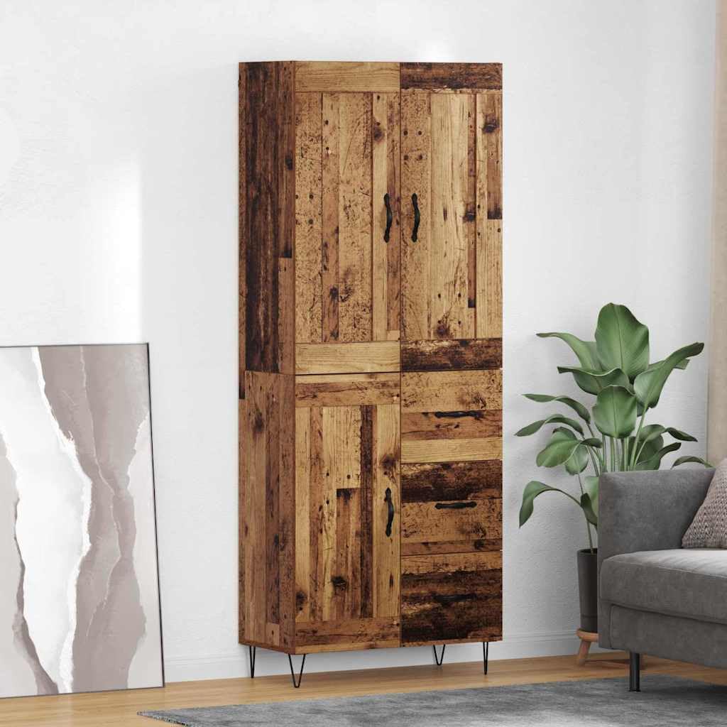 Komoda z drewna starego drewna, 69,5 x 34 x 180 cm, komoda z szufladą i 3 drzwiami, nowoczesna szafka do kuchni i jadalni, wszechstronne miejsce do przechowywania, łatwa w pielęgnacji i łatwa
