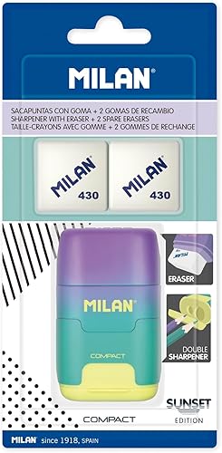 Milan Blister - Sacapuntas compactos color turquesa Sunset + 2 borradores de repuesto BYM10454