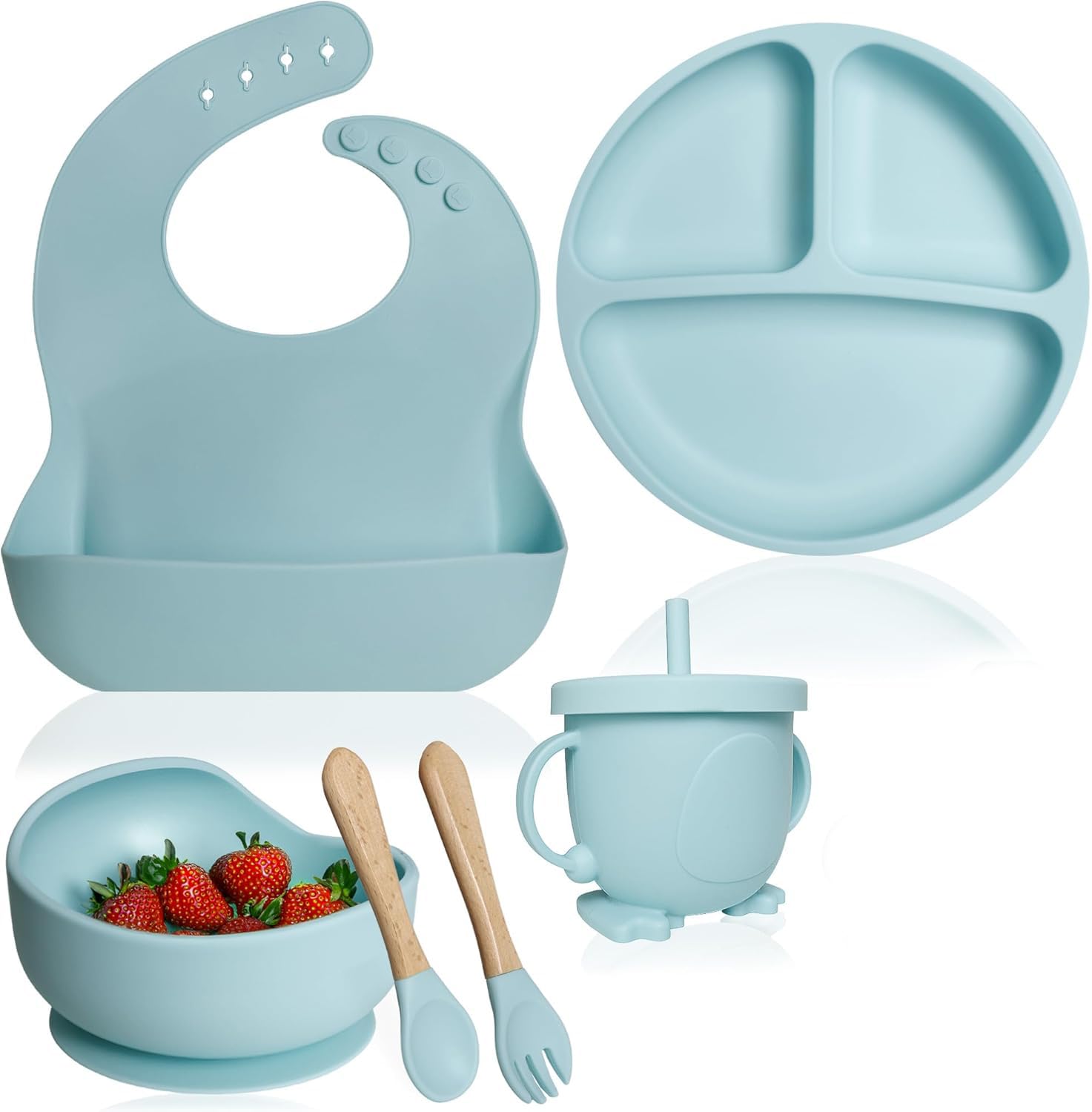 6 PCS Baby Silicone Baby Feeding Set | Microwave BPA-Free, Anti-Slip Base Includes Suction Bowls and Divided Plates, Bowl, Adjustable Bib, Utensils Spoons, Forks, Cup | Essentials (Blue, 6 Pcs)-image-27
