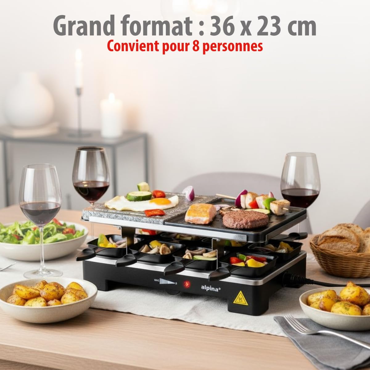 alpina Gril Pierre à Raclette - 8 Poêles - 8 Spatules - 1200-1400 Watt - Thermostat Gourmet Set Plaque de Cuisson