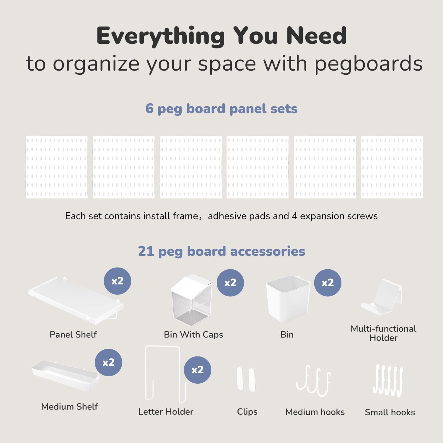 Keepo Peg Board Wall Organizer – Plastic Pegboard Panels, Modular Peg Board Storage System for Home Office, Craft Room, Gaming Setup (White, 33″×22″)