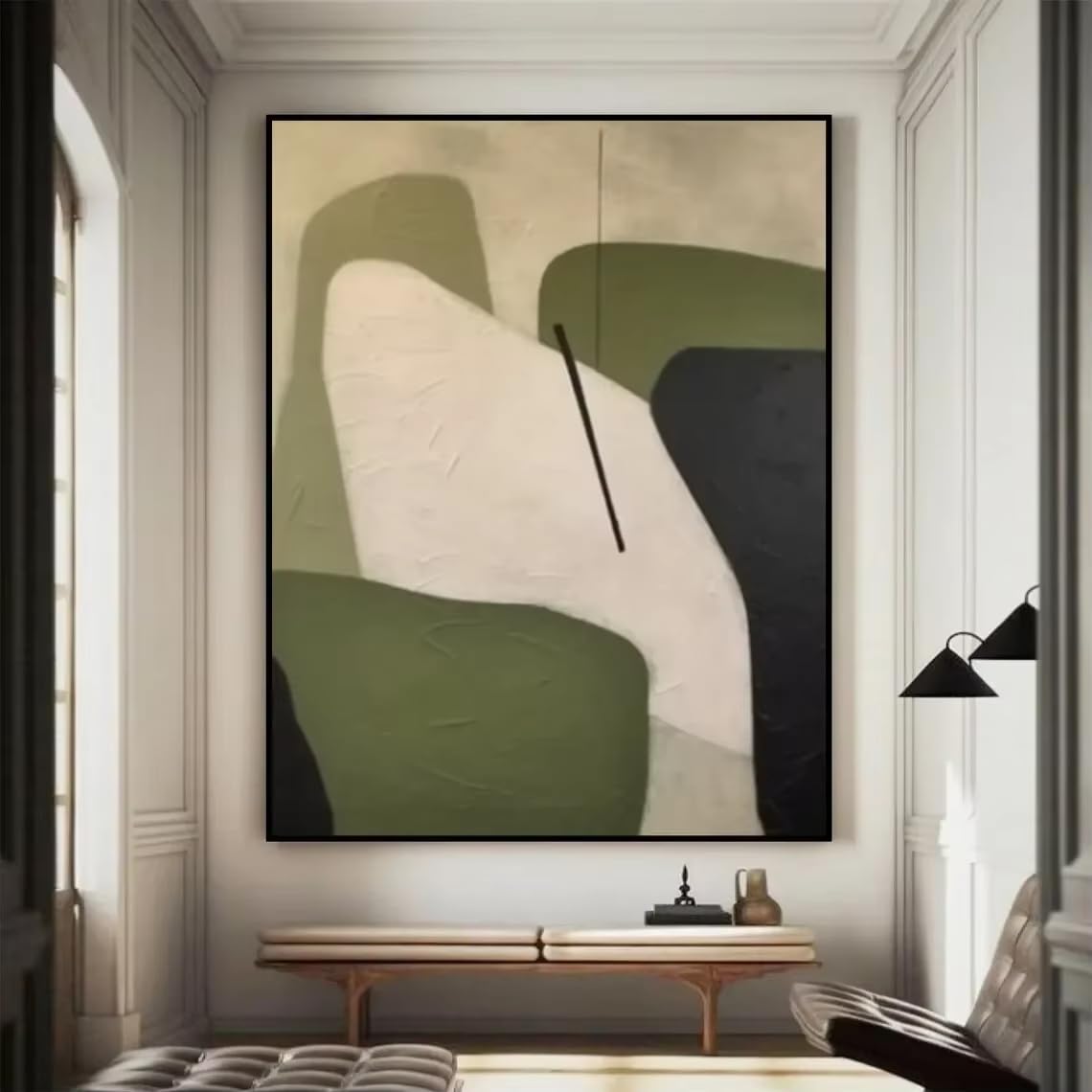 IHHGNB Large Geometric Abstract Painting Beige and Green Minimalist Wabi-Sabi Wall Art Green Canvas Wall Art Modern Wall Decor(60x80cm(24x31in)/No frame)