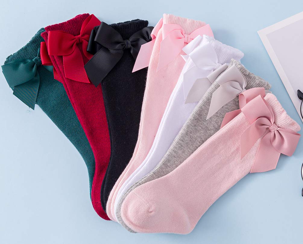 NANQUAN Maorrew 2 Pack Baby Girls Knee High Socks Bow Long Stockings Infants Toddlers Cotton Ruffled Uniform Leggings Wine Red/Pink 0-12 Months