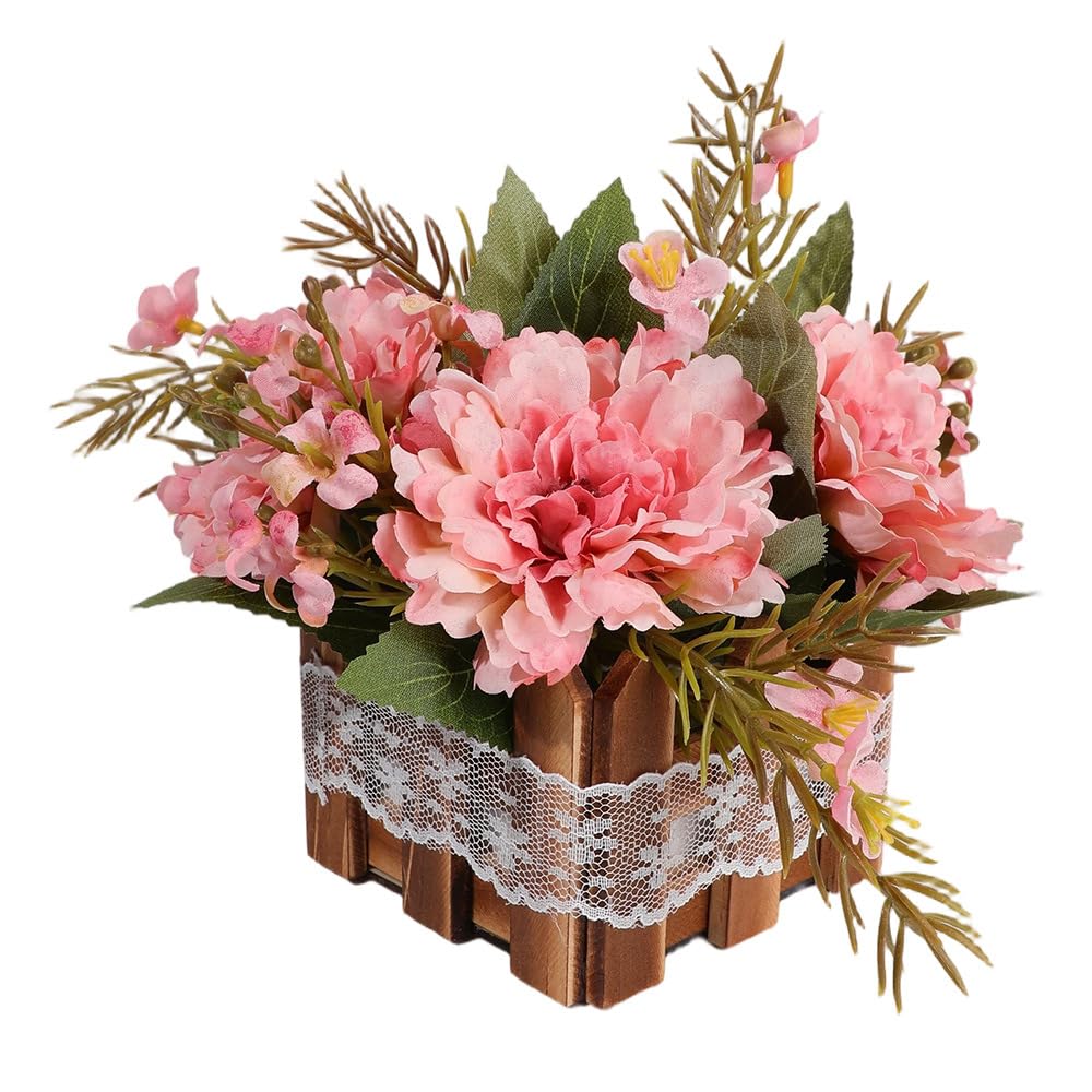 Huffa Light Pink Simulated Peony Flower Pots For Home Decoration | Decorative Silk Flower Ornaments With Wooden Fences(Light Pink)