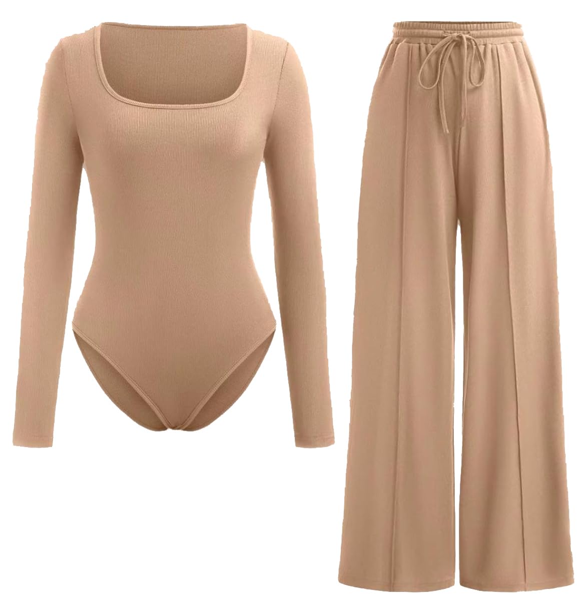 StyleWear Ladies Long Sleeve Square Neck Leotard & Palazzo Two Pieces Set Outfits Womens Ribbed Bodysuit With Elasticated Wide Leg Trouser Tracksuit