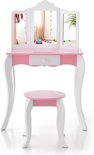 Miniatura 9 de Costzon Juego de mesa y silla para niños, juego de tocador para niñas con espejo y taburete, cajón de almacenamiento, tocador de maquillaje de