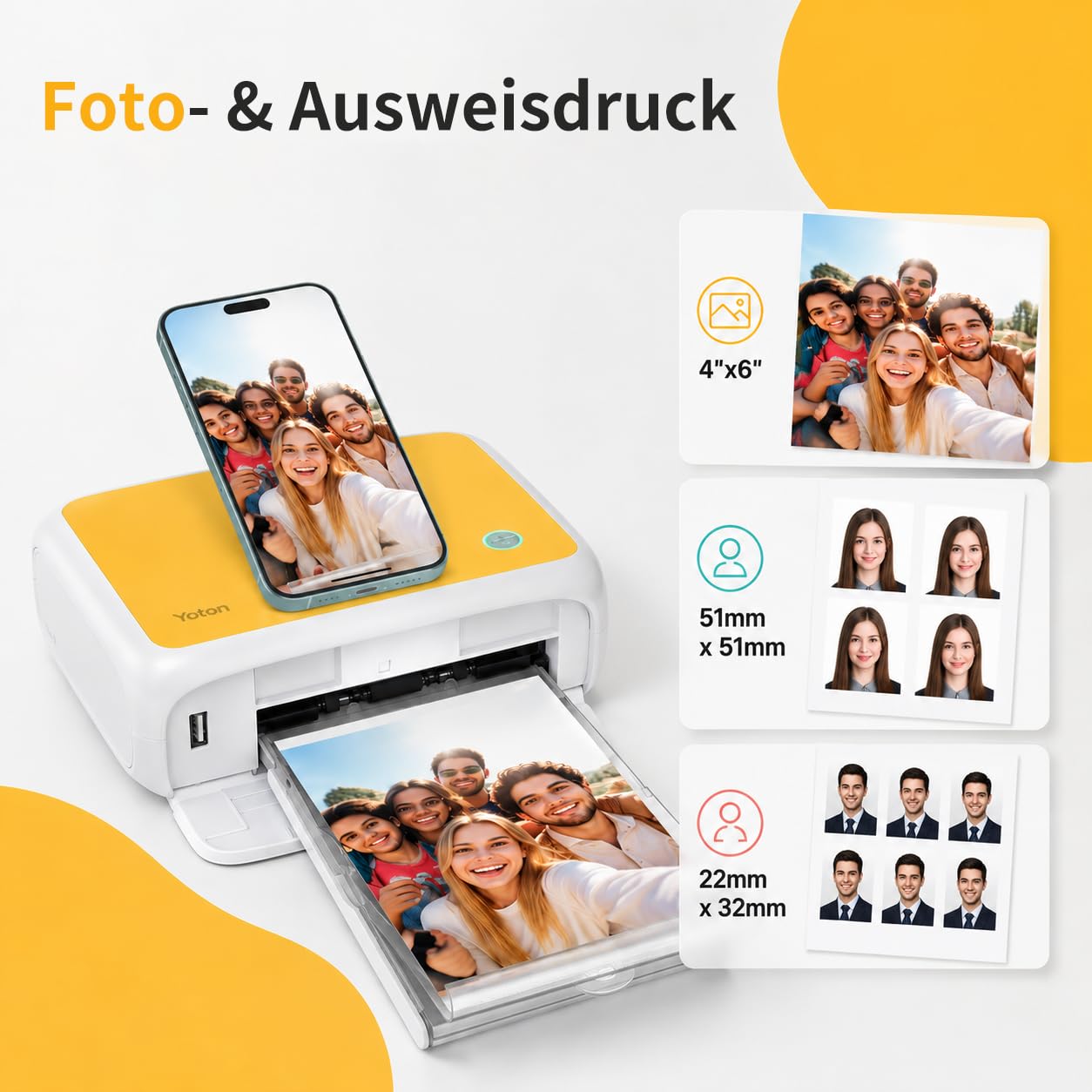 YOTON Fotodrucker für Smartphone, Mobiler Drucker mit 54 Stück Fotopapier (4"x6"), Unterstützt Ausweisfoto, 15s-AR-Videodruck und Wi-Fi-Verbindung,Verfügbar für iOS und Android Phones/Laptops (Gelb)