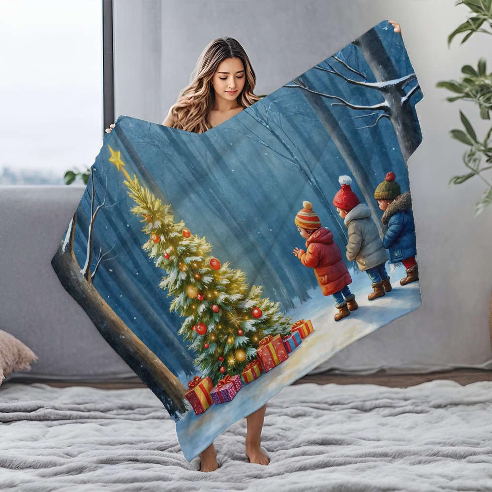Couverture flanelle blanche douce motif sapin de Noël féerique et forêt enneigée