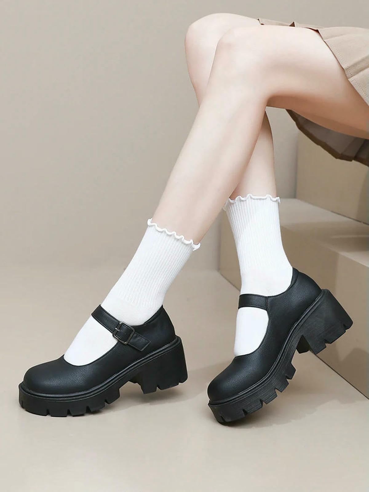 Ballerine Donna,Scarpe Mary Jane Scarpe da Scolaretta con Plateau E Tacco Alto da Donna