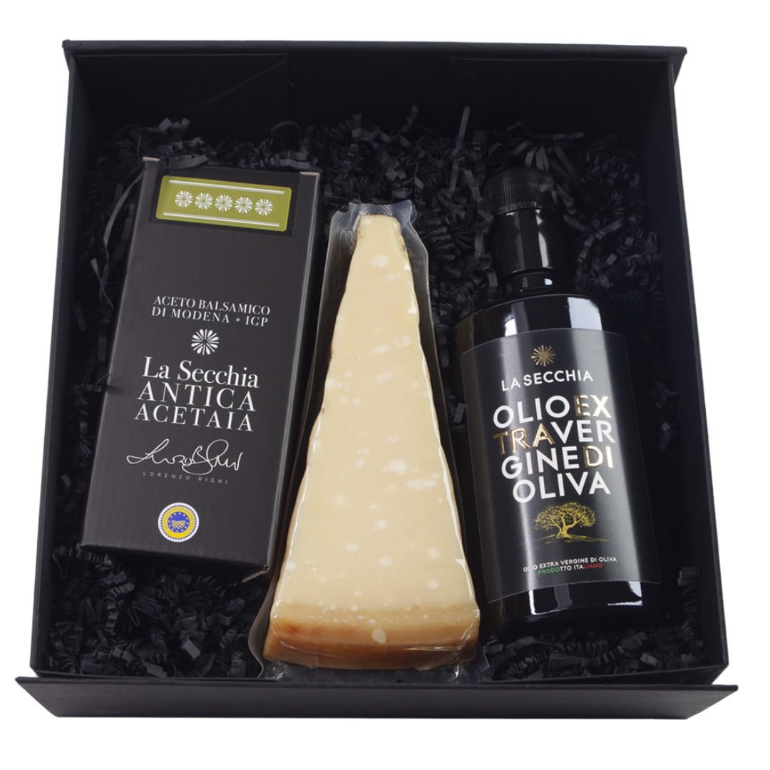 La Secchia – Handgemachter Feinschmecker-Korb, Natives Olivenöl extra, Aceto Balsamico di Modena g.g.A., Parmigiano Reggiano, Gourmet-Set mit typischen italienischen Spezialitäten, Geschenktasche inkl