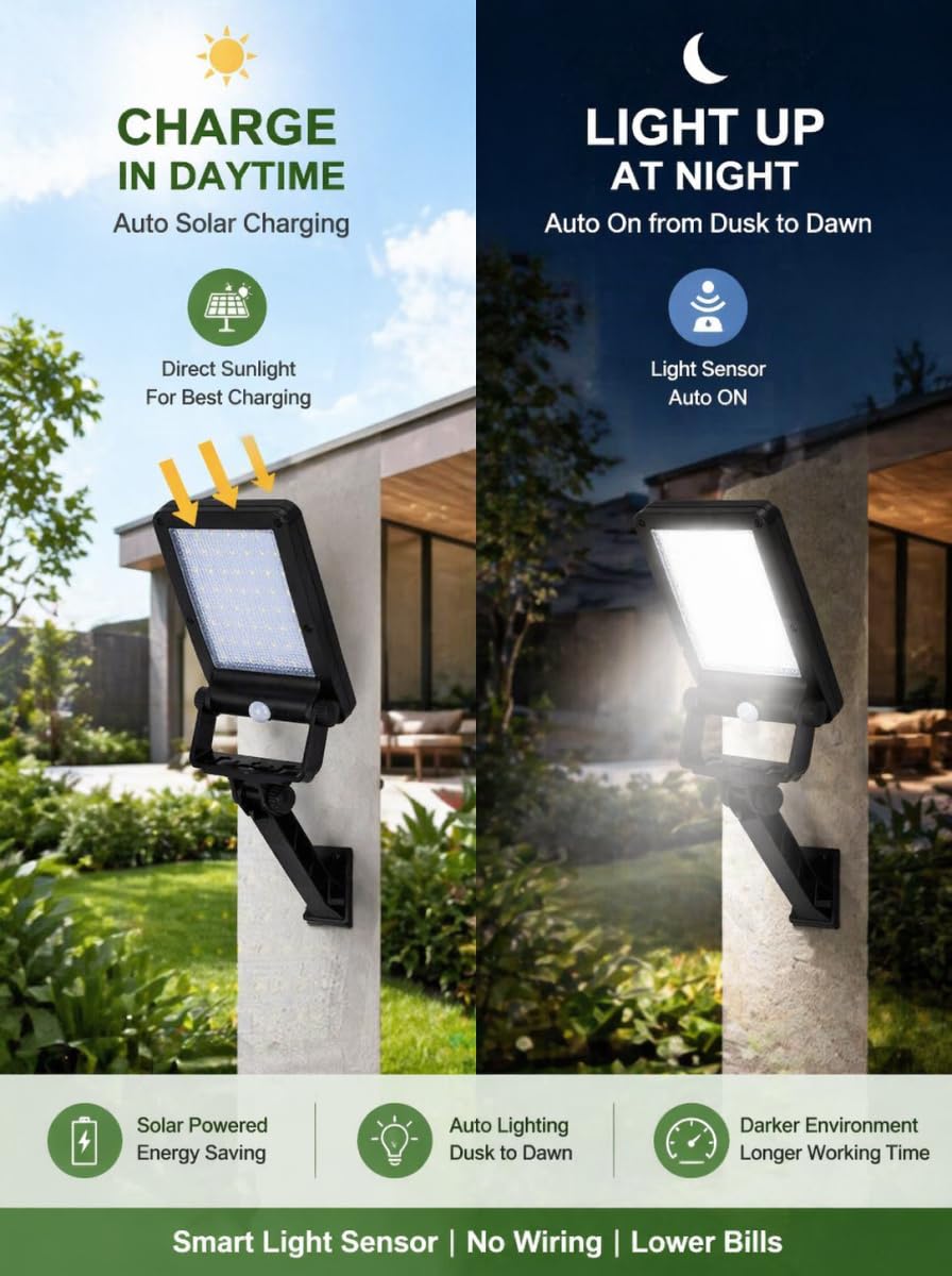 Aigostar Faretti LED da Esterno Solari 50W, 6500K Luce Solare Esterno con Sensore di Movimento PIR e 3 Modalità, IP65, Lampione Solare a LED da Parete per Giardino Terrazza Garage Vialetto, Pack da 4