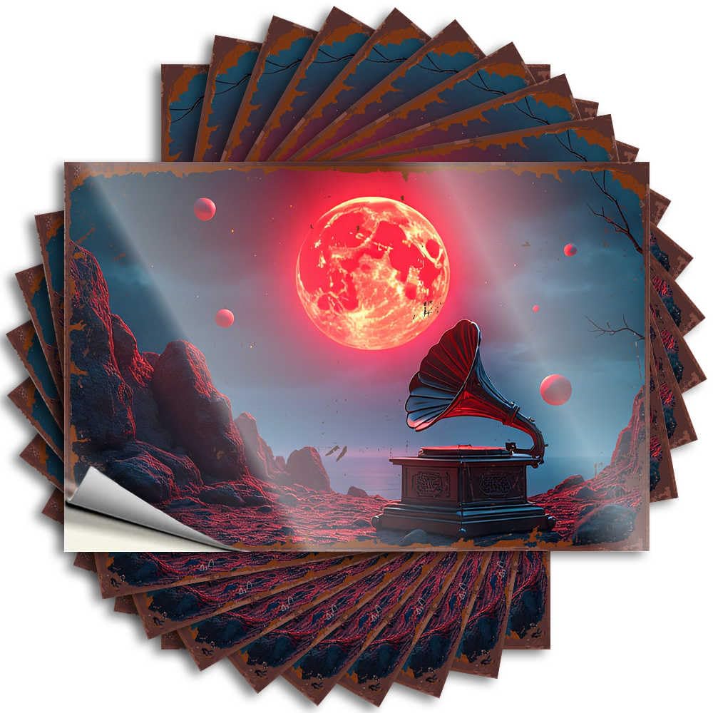 Quote - Western Wall Vintage Phonograph Under A Blood Moon Sky for Fishing Bedroom Stuff(8X12CM)