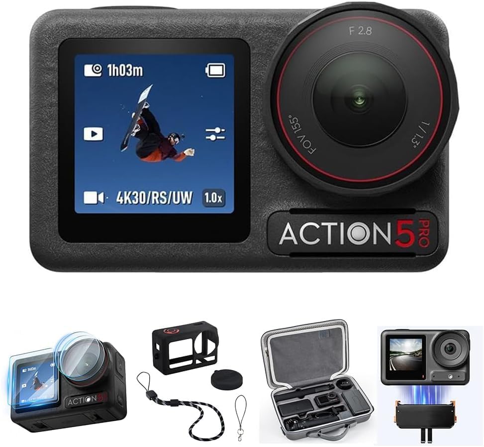 DJI Osmo Action 5 Pro Standard Combo mit Aufbewahrungstasche + Panzerfolie + Magnetfuß + Schutzhülle, wasserdichte Kamera mit 1/1,3“ Sensor, 4K/120fps Video, Motivverfolgung, Dual OLED Touchscreens