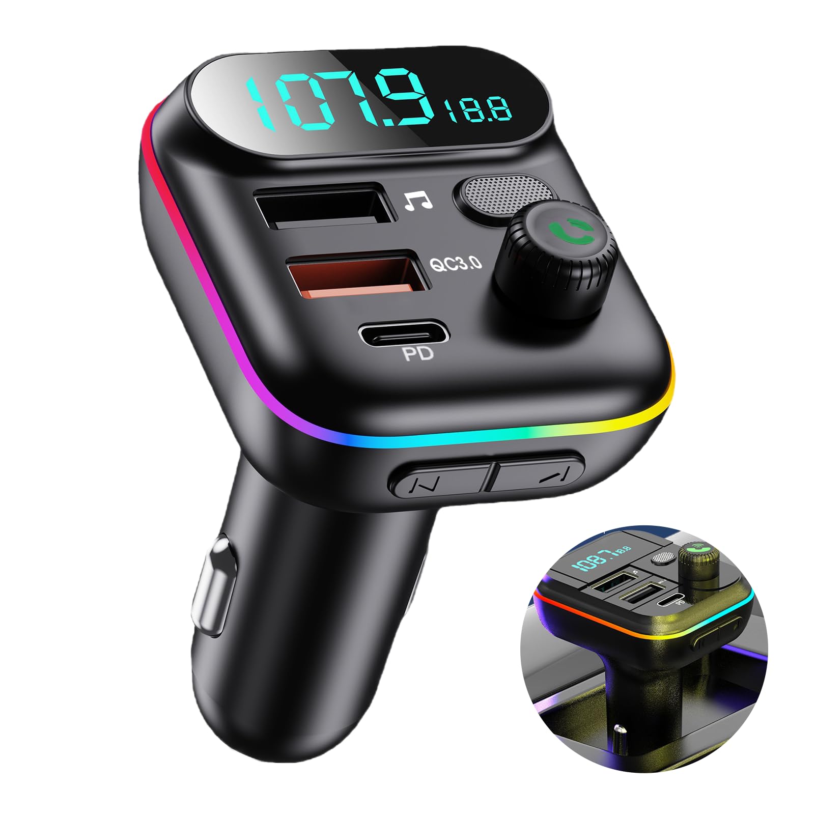 Trasmettitore FM Bluetooth Auto 5.0, Adattatore Bluetooth Audio QC3.0 Ricarica Rapida 2USB y 1PD 18W per Chiamate Vivavoce e Musica, Accendisigari con LED Display, Supporta USB e TF