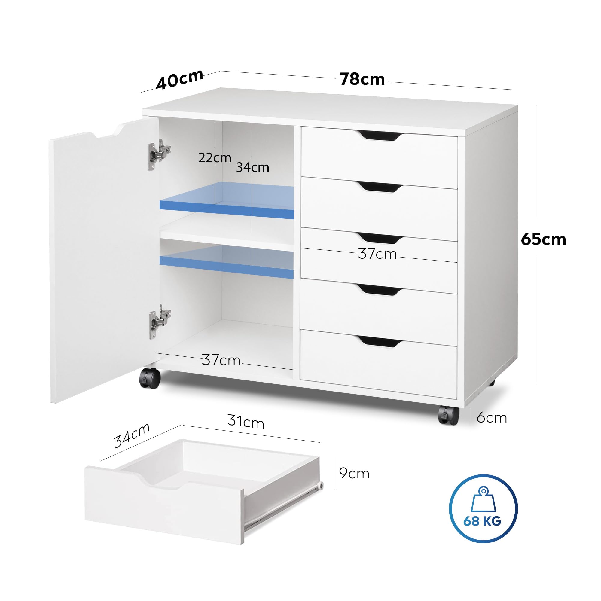 DEVAISE Caisson de Bureau 5 Tiroirs et Armoire 2 Niveaux, Meuble Sous Bureau avec Support Imprimante, Rangement pour Formats Lettre/Légal/A4 Blanc