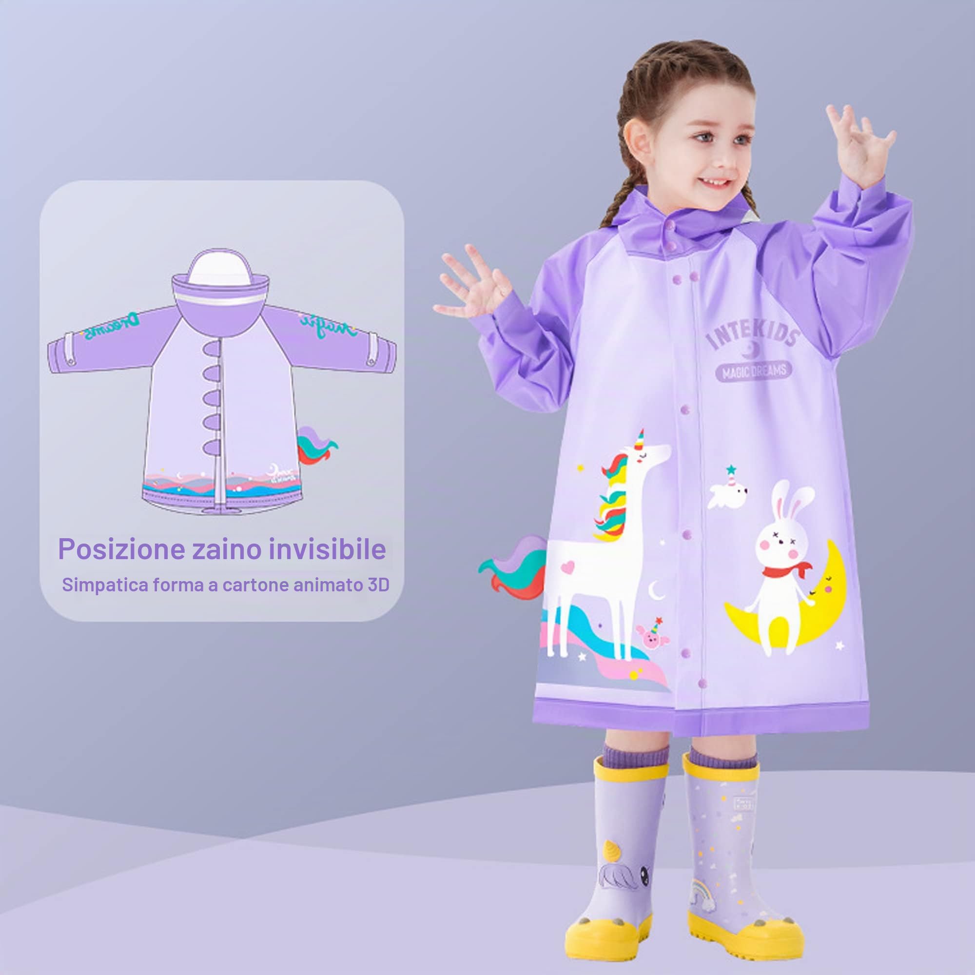Fewlby Giacche Impermeabili per Bambini Giacche da Pioggia con Cappuccio Ragazzi Ragazze Cappotto di Pioggia Poncho Impermeabile in cartone animato Mantella Pioggia 1-12 Anni