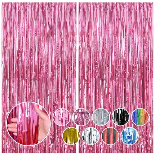 Image of RUBFAC 2 Pack Pink Foil Fringe Curtains Party Decorations Tinsel Metallic Streamers Photo Booth Streamer for New Year Decorations Bachelorette Wedding Engagement Baby Shower Birthday Holiday