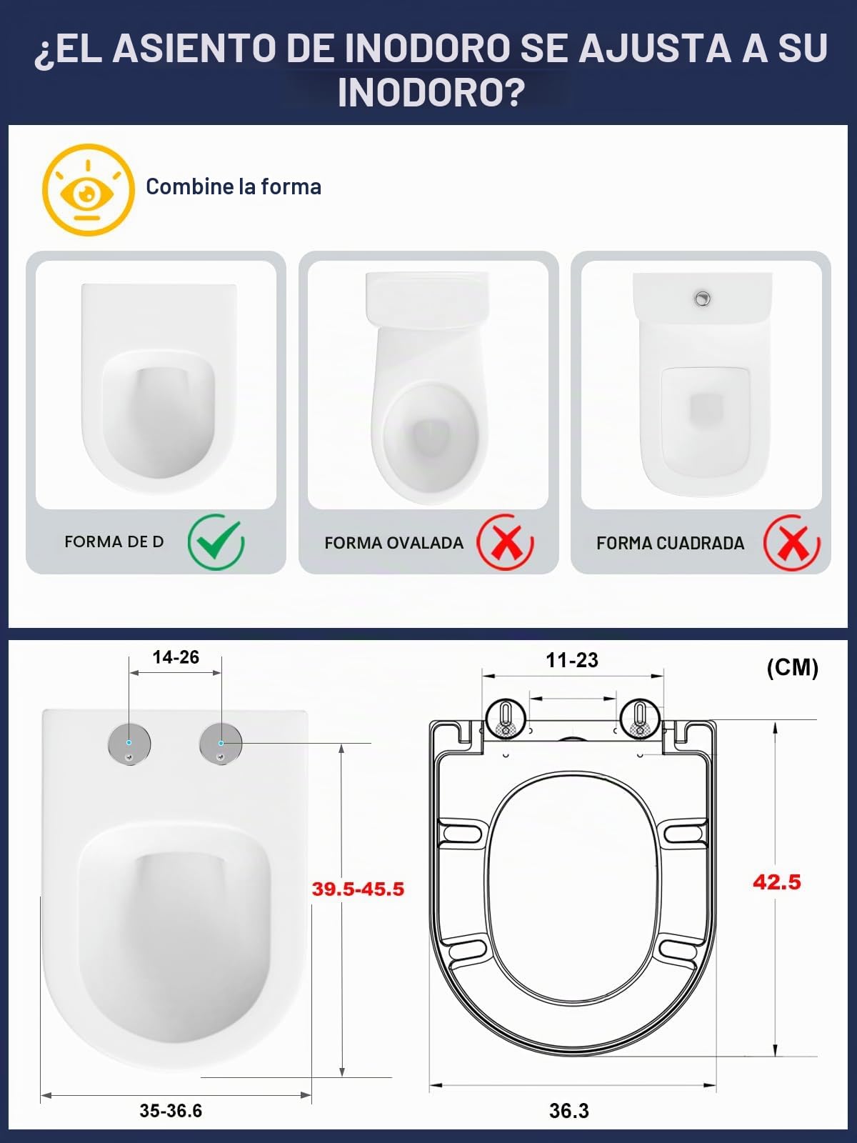 Tapa WC Universal, YEAUPE PRO Asiento de Inodoro de Cierre Suave en Forma de D con Liberación Rápida para una Fácil Limpieza, Blanco, 43 x 36 CM