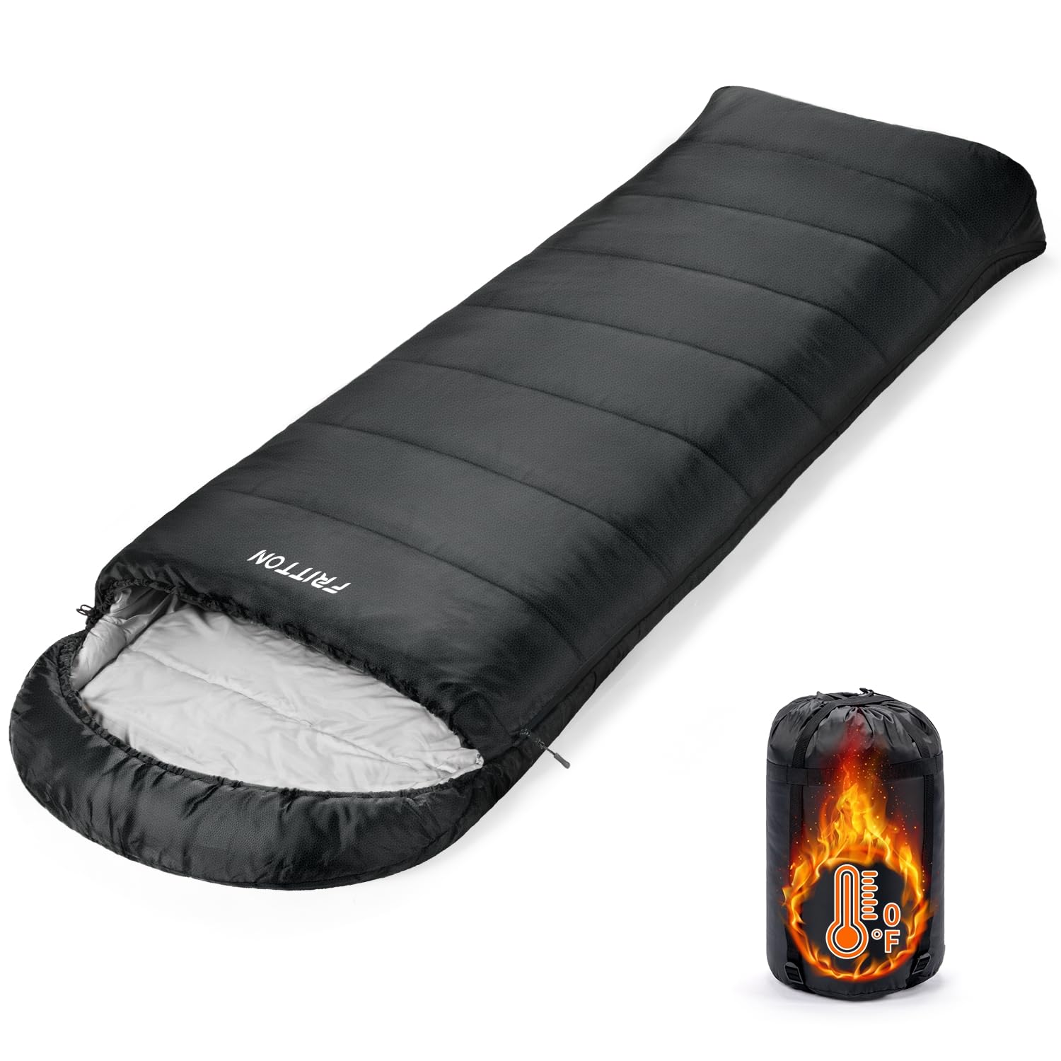 Photo 1 of 0 Degree Camping Sleeping Bags, Sleeping Bags for Adults Kids, Portable Sleeping Bag Cold Weather with Compression Sack & Binding Straps, FRITTON Winter Sleeping Bag for Camping, Backpacking & Hiking Black Single-90.5*35.4''