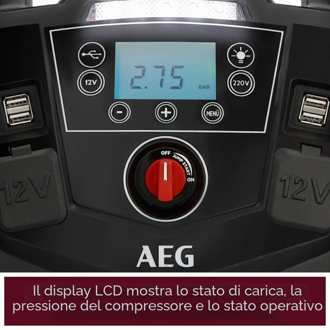 AEG - Stazione di avviamento portatile da 12 V, con compressore d'aria, trasformatore di tensione da 220 V, presa con 4 USB