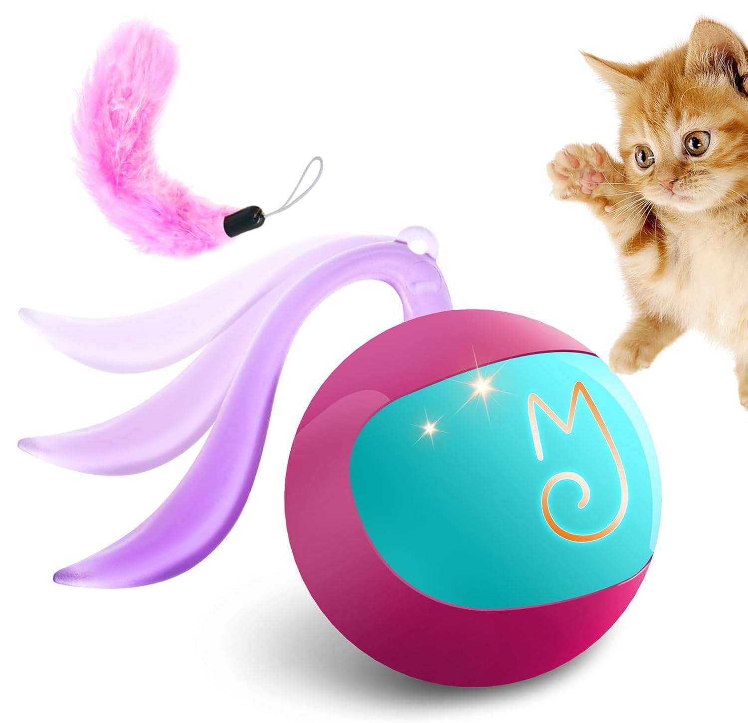 Migipaws 2-in-1 Interactive Cat Toy Ball – Paw Friendly Kicking Chasing Ball with Bonus Fluffy Tail for Indoor Cats Random Rolling Auto Escape Corners