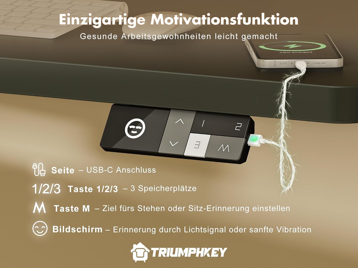 TRIUMPHKEY 180×80cm Höhenverstellbarer Schreibtisch mit 40mm/s Dualmotor und 25mm Durchgehende Tischplatte, Ergonomischer Bürotisch mit Smart Reminder für Tagessteh-Ziele, inkl.USB-C, 125kg Tragkraft