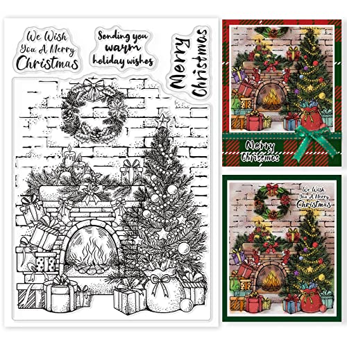 GLOBLELAND Regalos de Navidad Chimenea Fondo Sellos Transparentes Árbol Guirnalda Bendición Palabras Sellos de Silicona Transparentes para Hacer Tarjetas DIY Photo Journal Album Decoración Cover