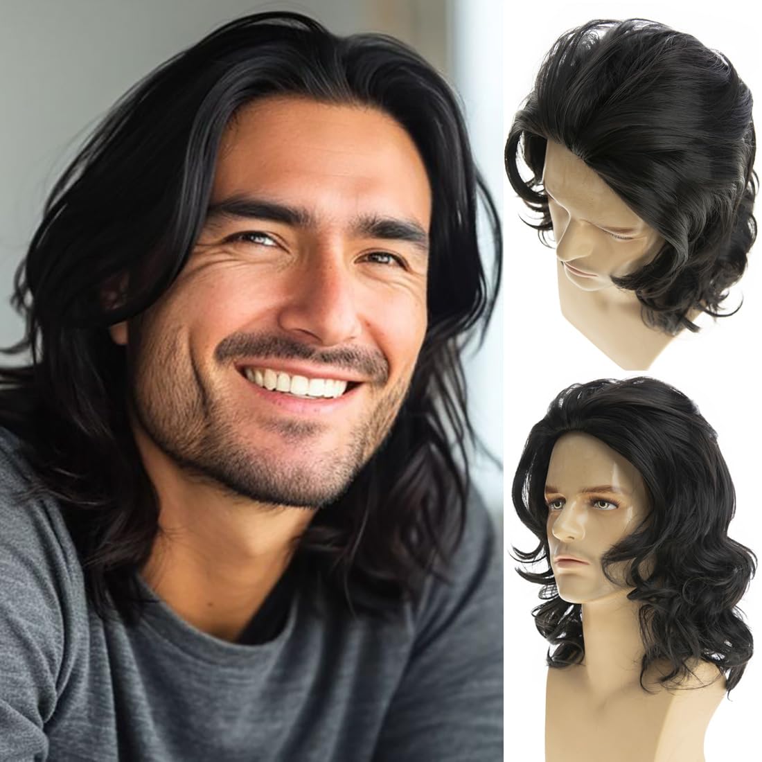 Dsimeig Long Wavy Black Wigs for Men Natural Layered Rocker Style Cosplay Hair Wig,Black