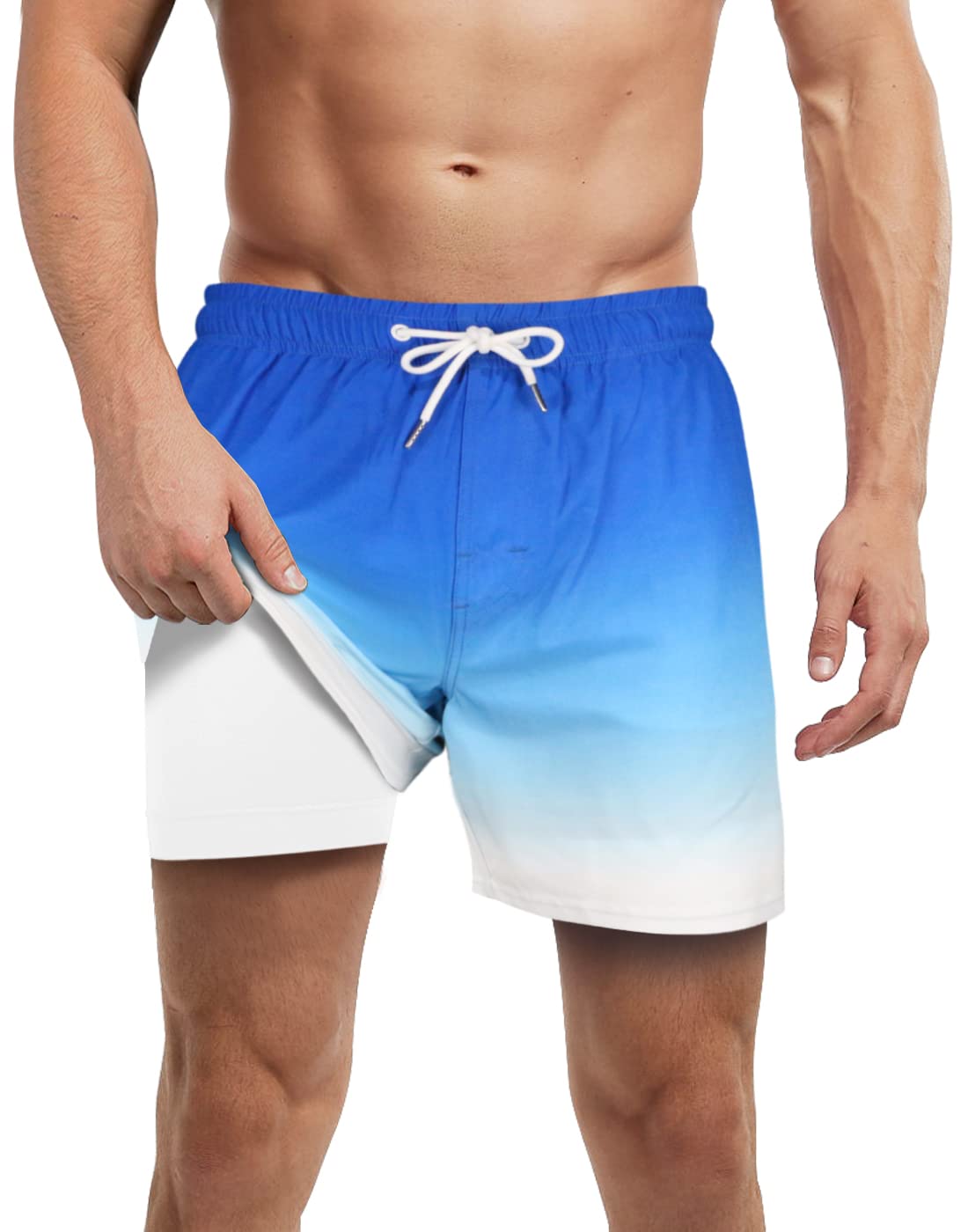 LUCOWEEMens Swim Trunks with Bult-in Boxer Briefs Compression Liner Anti Chafe Quick Dry UPF 50+ Swimming Shorts 5-6" Inseam Bathing Swimsuit
