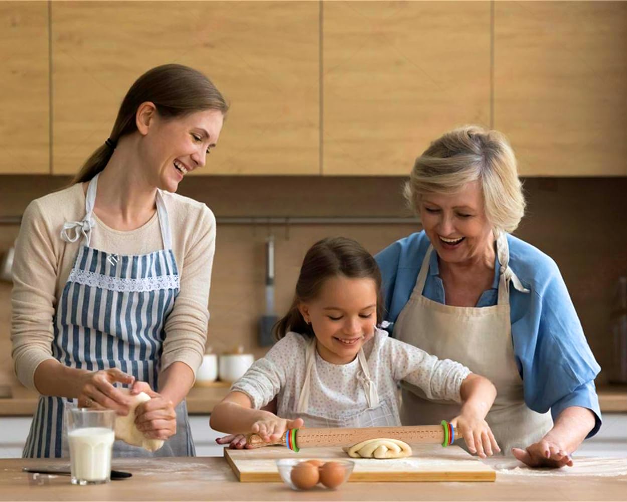 Nudelholz mit 4 einstellbaren Dickenringen 13,6 Zoll Holz Teigroller für Küche, Backen, Teig, Kekse, Kuchen, Fondant, Pizza und Kuchenkruste